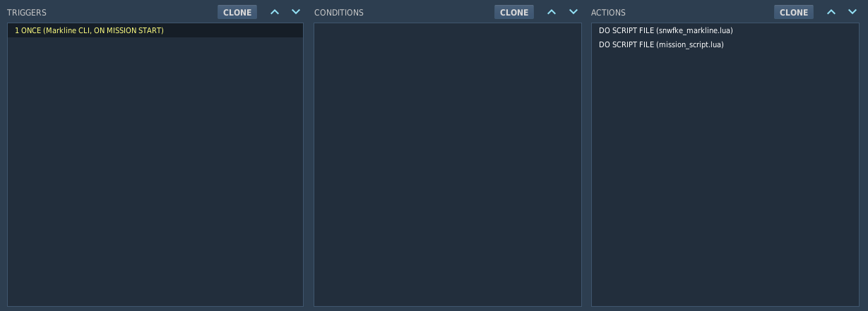Mission Editor trigger panel showing a ONCE, ON MISSION START trigger with two DO SCRIPT FILE actions for snwfke_markline.lua and mission_script.lua.