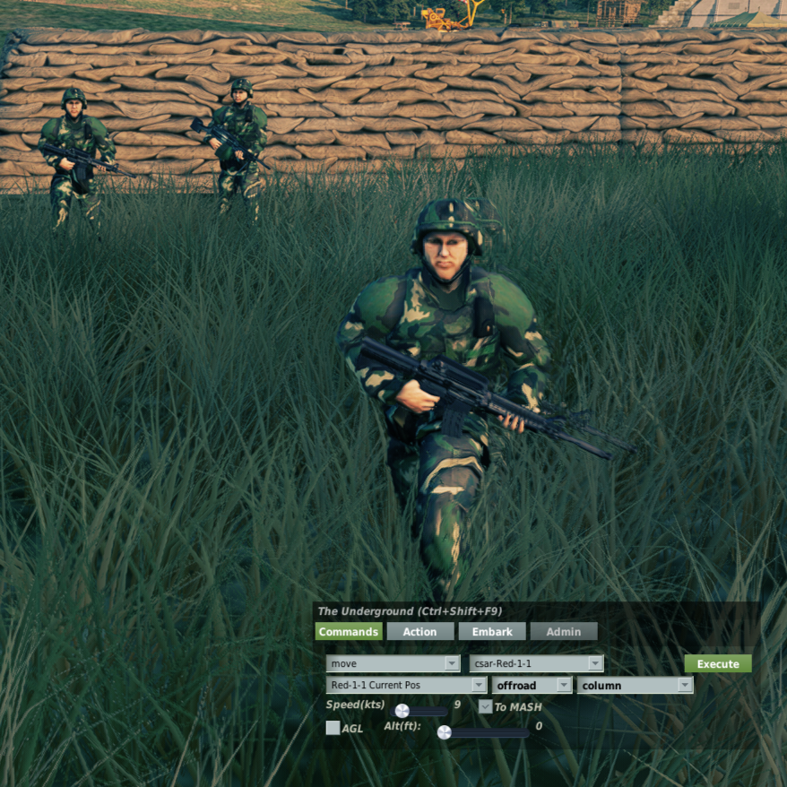 Squad movement commands issued through markline with an in-game command panel.