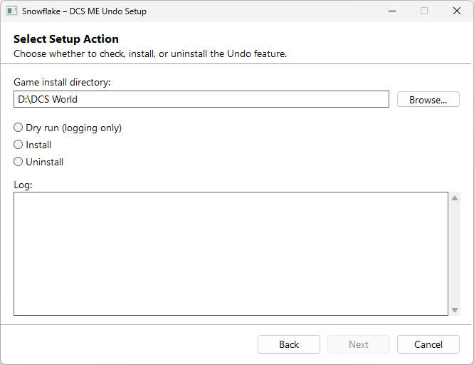 Snowflake DCS ME Undo Setup wizard showing the Select Setup Action page with a game install directory field, Browse button, and Dry run/Install/Uninstall radio options.