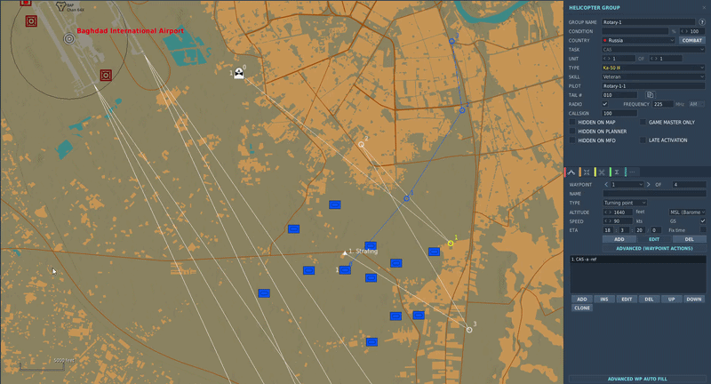 DCS Mission Editor group panel showing a Ka-50 helicopter's route waypoints, altitude, speed and ETA fields that undo tracks for regression.